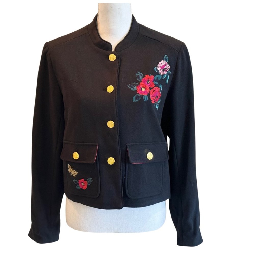 A New Day Black Floral Button Jacket Womens Size 10 Embroidered Military Style